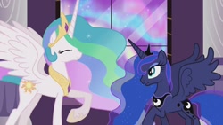 Size: 1280x720 | Tagged: safe, screencap, princess celestia, princess luna, alicorn, pony, the crystal empire, aurora borealis, aurora crystialis, canterlot castle, cute, cutelestia, eyes closed, female, happy, hoof shoes, jewelry, mare, open mouth, peytral, pillar, raised hoof, regalia, sisters, smiling, spread wings