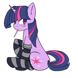 Size: 1100x1100 | Tagged: safe, artist:thattagen, derpibooru import, twilight sparkle, unicorn twilight, unicorn, clothes, mouth hold, pocky, simple background, socks, sockypockytwi, solo, striped socks