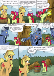 Size: 2482x3506 | Tagged: safe, artist:ciriliko, apple bloom, applejack, iron will, earth pony, pony, :3, comic, creeper, zas