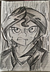 Size: 2131x3073 | Tagged: safe, artist:potatobug, derpibooru exclusive, sunset shimmer, human, equestria girls, angry, lined paper, looking at you, monochrome, solo, traditional art