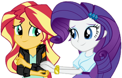 Size: 1026x654 | Tagged: safe, artist:thebar, derpibooru exclusive, rarity, sunset shimmer, equestria girls, friendship games, bracelet, clothes, duo, female, gem, jacket, jewelry, leather jacket, simple background, transparent background