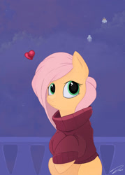 Size: 1024x1434 | Tagged: safe, artist:deltalinwie, fluttershy, pegasus, pony, clothes, heart, looking at you, night, smiling, solo, sweater, sweatershy