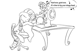 Size: 900x604 | Tagged: safe, artist:rubrony, rarity, sweetie belle, pony, unicorn, monochrome, sewing machine, singing, sisters, sleeping