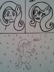 Size: 768x1024 | Tagged: safe, artist:astronomus, fluttershy, pegasus, pony, monochrome, space, traditional art