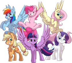 Size: 1024x894 | Tagged: dead source, safe, artist:xgglitch, derpibooru import, applejack, fluttershy, pinkie pie, rainbow dash, rarity, twilight sparkle, twilight sparkle (alicorn), alicorn, earth pony, pegasus, pony, unicorn, applejack's hat, cheek fluff, chest fluff, cowboy hat, ear fluff, female, flying, hat, looking at you, mane six, mare, simple background, transparent background