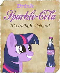 Size: 823x997 | Tagged: safe, artist:addy771, derpibooru import, twilight sparkle, pony, unicorn, fallout equestria, advertisement, fanfic, fanfic art, female, hooves, horn, mare, ministry mares, poster, smiling, soda, solo, sparkle cola, text