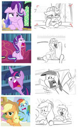 Size: 884x1454 | Tagged: safe, artist:sibsy, screencap, applejack, rainbow dash, starlight glimmer, twilight sparkle, twilight sparkle (alicorn), alicorn, earth pony, pegasus, pony, unicorn, every little thing she does, comparison, female, floppy ears, mare, sabrina alberghetti, storyboard