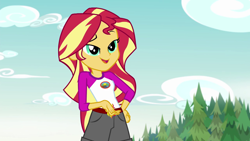 Size: 1280x720 | Tagged: safe, screencap, sunset shimmer, equestria girls, legend of everfree, camp everfree outfits, clothes, female, open mouth, scenery, shorts, solo, tree