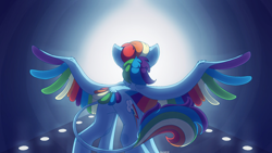 Size: 2560x1440 | Tagged: safe, artist:eleamorbid, derpibooru import, rainbow dash, pegasus, pony, colored wings, colored wingtips, cutie mark, ear fluff, female, leonine tail, mare, multicolored wings, rainbow wings, rear view, runway, signature, solo, spread wings, standing, tail feathers, wings