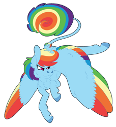 Size: 1280x1405 | Tagged: safe, artist:eleamorbid, derpibooru import, rainbow dash, pegasus, pony, chest fluff, colored wings, female, flying, leonine tail, mare, multicolored wings, rainbow wings, simple background, solo, spread wings, tail feathers, transparent background, wings