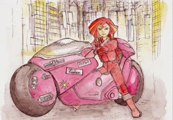 Size: 800x557 | Tagged: safe, artist:daisymane, sunset shimmer, equestria girls, akira, clothes, futuristic, motorcycle, parody, smiling, solo, traditional art