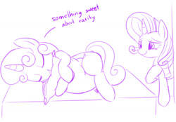 Size: 1264x882 | Tagged: safe, artist:mcsadat, rarity, sweetie belle, pony, unicorn, dialogue, monochrome, pillow, pillow hug, sisters, sleeping