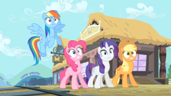 Size: 1920x1080 | Tagged: safe, derpibooru import, screencap, applejack, pinkie pie, rainbow dash, rarity, earth pony, pegasus, pony, unicorn, three's a crowd