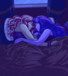 Size: 2700x3000 | Tagged: safe, artist:overlordneon, sci-twi, sunset shimmer, twilight sparkle, equestria girls, bed, bedsheets, clothes, cuddling, female, lesbian, night, pillow, scitwishimmer, shipping, sleeping, smiling, sunsetsparkle, window