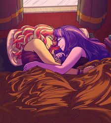 Size: 2700x3000 | Tagged: safe, alternate version, artist:overlordneon, sunset shimmer, twilight sparkle, equestria girls, bed, bedsheets, clothes, female, lesbian, morning ponies, pillow, shipping, sleeping, smiling, sunsetsparkle, window