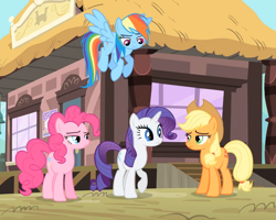 Size: 1071x855 | Tagged: safe, derpibooru import, screencap, applejack, pinkie pie, rainbow dash, rarity, earth pony, pegasus, pony, unicorn, three's a crowd, applejack is not amused, applejack's hat, cowboy hat, female, flying, hat, mare, pinkie pie is not amused, rainbow dash is not amused, unamused