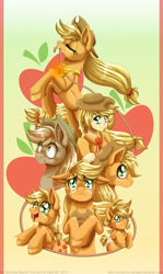 Size: 900x1507 | Tagged: safe, artist:inuhoshi-to-darkpen, applejack, applejack (male), human, action poster, babyjack, chest fluff, crying, cute, element of honesty, filly, floppy ears, hatless, humanized, jackabetes, jackletree, liar face, liarjack, light skin, missing accessory, multeity, rope, rule 63, scrunchy face, unshorn fetlocks