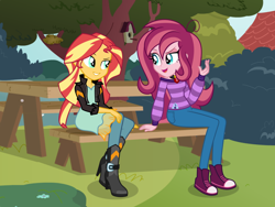 Size: 1024x768 | Tagged: safe, artist:mlp-trailgrazer, sunset shimmer, oc, oc:contralto, equestria girls, clothes, commission, converse, disguised siren, female, human female, shoes, show accurate, sitting, sneakers, tree