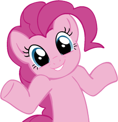 Size: 826x855 | Tagged: safe, artist:megasweet, pinkie pie, earth pony, pony, artifact, cute, grin, looking at you, shrug, shrugpony, smiling, solo