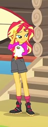 Size: 273x720 | Tagged: safe, screencap, sunset shimmer, equestria girls, legend of everfree, boots, camp everfree outfits, clothes, cropped, shoes, shorts, smiling, socks, solo