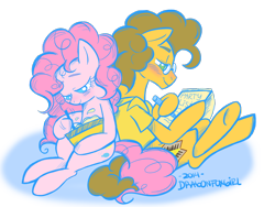 Size: 1024x768 | Tagged: safe, artist:dragonfoxgirl, cheese sandwich, pinkie pie, earth pony, pony, blushing, cheesepie, cooking, female, glasses, male, mare, shipping, simple background, sitting, stallion, straight, transparent background, working, writing