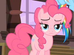 Size: 819x613 | Tagged: safe, derpibooru import, screencap, pinkie pie, rainbow dash, earth pony, pegasus, pony, three's a crowd, female, mare, offscreen character, pinkie pie is not amused, solo focus, unamused