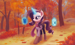 Size: 2133x1280 | Tagged: safe, artist:joellethenose, rarity, pony, unicorn, autumn, boots, clothes, female, forest, glowing horn, leaves, lidded eyes, magic, mare, outdoors, pants, phone, scarf, scenery, shirt, smiling, solo, starbucks, telekinesis, tree, updated, walking, wallpaper