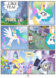 Size: 800x1109 | Tagged: safe, artist:mister-saugrenu, caesar, lyra heartstrings, lyrica lilac, minuette, perfect pace, princess celestia, royal ribbon, alicorn, pony, blushing, canterlot, comedy, comic, crowd, flying, frown, open mouth, pettiness in the comments, princess celestia hates tea, shocked, spread wings, sweat, wide eyes