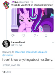 Size: 750x993 | Tagged: safe, starlight glimmer, pony, unicorn, boop, drama, exploitable meme, glimmerposting, lauren faust, meme, meta, starlight drama, text, twitter, word of faust