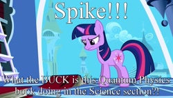 Size: 1280x720 | Tagged: safe, derpibooru import, edit, twilight sparkle, book, burn, image macro, quantum physics, solo, text