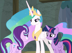 Size: 1254x918 | Tagged: safe, edit, edited screencap, screencap, princess celestia, starlight glimmer, twilight sparkle, twilight sparkle (alicorn), alicorn, pony, horse play, backstage, cave, cropped, cute, smiling