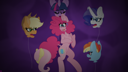 Size: 2560x1440 | Tagged: safe, artist:eleamorbid, derpibooru import, applejack, fluttershy, pinkie pie, rainbow dash, rarity, twilight sparkle, earth pony, pegasus, pony, unicorn, abstract background, alternate cutie mark, applejack's hat, balloon, cowboy hat, cutie mark, dock, eyes closed, eyeshadow, female, floating, floating head, freckles, hat, insanity, long horn, makeup, mane six, mare, open mouth, sweat, sweatdrop