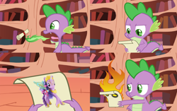 Size: 1200x755 | Tagged: safe, artist:agrol, derpibooru import, spike, twilight sparkle, twilight sparkle (alicorn), alicorn, dragon, pony, burp, comic, dragon mail, exploitable meme, female, fire, golden oaks library, green fire, letter, letter to spike, mare, toy