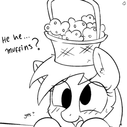 Size: 1000x1000 | Tagged: safe, artist:mrpotat0wned, derpy hooves, pegasus, pony, slice of life (episode), basket, blushing, dialogue, female, mare, monochrome, muffin, open mouth, solo