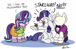 Size: 2433x1574 | Tagged: safe, artist:bobthedalek, rarity, starlight glimmer, pony, unicorn, bowtie, clothes, cuffs (clothes), duo, ear piercing, earring, fashion style, female, jewelry, mannequin, mare, piercing, ponyquin, shirt, shocked, skirt, toy, toy interpretation