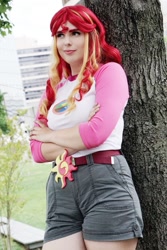 Size: 890x1334 | Tagged: safe, artist:maddymoiselle, sunset shimmer, human, equestria girls, legend of everfree, belt, camp everfree, camp everfree outfits, clothes, cosplay, costume, crossed arms, equestria girls: le, irl, irl human, outdoors, photo, shirt, shorts, smiling, solo, tree, wig