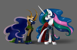 Size: 1121x725 | Tagged: safe, artist:supermare, princess celestia, princess luna, alicorn, pony, crossover, loki, marvel comics, thor