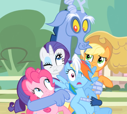 Size: 1209x1077 | Tagged: safe, derpibooru import, screencap, applejack, discord, pinkie pie, rainbow dash, rarity, draconequus, earth pony, pegasus, pony, unicorn, three's a crowd, applejack's hat, blue flu, cowboy hat, do not want, group hug, hape, hat, help, hug, quintet