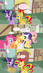 Size: 1280x2168 | Tagged: safe, artist:hakunohamikage, applejack, fluttershy, pinkie pie, rarity, sunset shimmer, twilight sparkle, twilight sparkle (alicorn), alicorn, earth pony, pegasus, pony, unicorn, armor, ask, ask-princesssparkle, bandage, female, magic, mare, tumblr