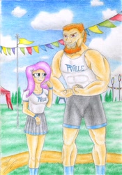 Size: 1631x2329 | Tagged: safe, artist:sinaherib, bulk biceps, fluttershy, human, rainbow falls, beard, clothes, duo, facial hair, flexing, humanized, light skin, muscles, rainbow falls (location), scene interpretation, skirt, tanktop, traditional art