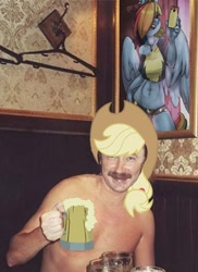 Size: 430x590 | Tagged: safe, derpibooru import, edit, applejack, rainbow dash, human, 1000 shots to get the perfect photograph, cider, igor nikolaev, irl, irl human, moustache, mug, photo, photoshop, russian, russian meme