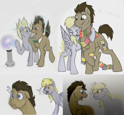 Size: 1280x1189 | Tagged: safe, artist:bibmob, derpy hooves, doctor whooves, pony, slice of life (episode), clothes, floppy ears, fourth doctor's scarf, hug, male, scarf, scene interpretation, stallion, sweat, tom baker's scarf