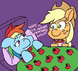 Size: 1000x914 | Tagged: safe, artist:threetwotwo32232, derpibooru import, applejack, rainbow dash, earth pony, pegasus, pony, 30 minute art challenge, apple, bed, dialogue, female, food, mare, sick, that pony sure does love apples