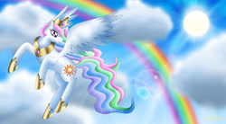 Size: 3056x1682 | Tagged: safe, artist:rose-beuty, princess celestia, alicorn, pony, crown, female, horn, mare, multicolored mane, multicolored tail, solo, white coat, white wings, wings