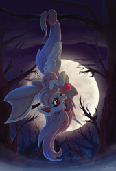 Size: 838x1243 | Tagged: safe, artist:sewyouplushiethings, fluttershy, bat pony, pony, apple, backlighting, dark, flutterbat, moon, night, race swap, solo, tree, tree branch, upside down