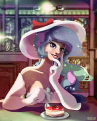 Size: 900x1125 | Tagged: safe, artist:monsieurwilliam, princess celestia, human, beautiful, cake, cakelestia, clothes, evening gloves, gloves, hat, humanized, looking at you, solo