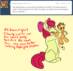 Size: 640x622 | Tagged: safe, artist:nessia, apple bloom, applejack, earth pony, pony, ask, plushie, this apple bloom, tumblr