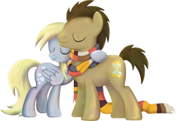 Size: 800x555 | Tagged: safe, artist:kaizerin, derpy hooves, doctor whooves, pony, slice of life (episode), clothes, hug, male, scarf, stallion