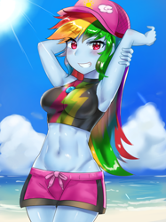 Size: 800x1067 | Tagged: safe, artist:tzc, derpibooru import, rainbow dash, better together, equestria girls, forgotten friendship, abs, adorasexy, armpits, beach, belly button, board shorts, breasts, cap, clothes, crepuscular rays, cute, dashabetes, female, hat, looking at you, midriff, ocean, rainboob dash, sand, sexy, shorts, smiling, solo, swimsuit