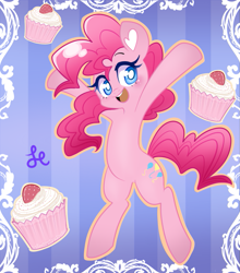 Size: 787x893 | Tagged: safe, artist:lolopan, pinkie pie, pony, bipedal, cupcake, cute, diapinkes, open mouth, solo